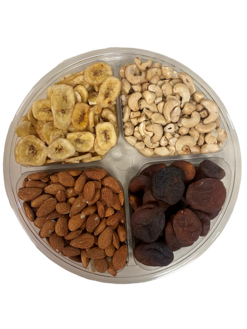 Organic Tray with organic raw cashews, organic Turkish Apricots, organic almonds, and organic banana chips.