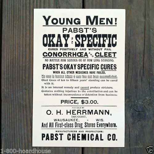 PABST VD QUACK MEDICINE Cardboard Sign 1960s