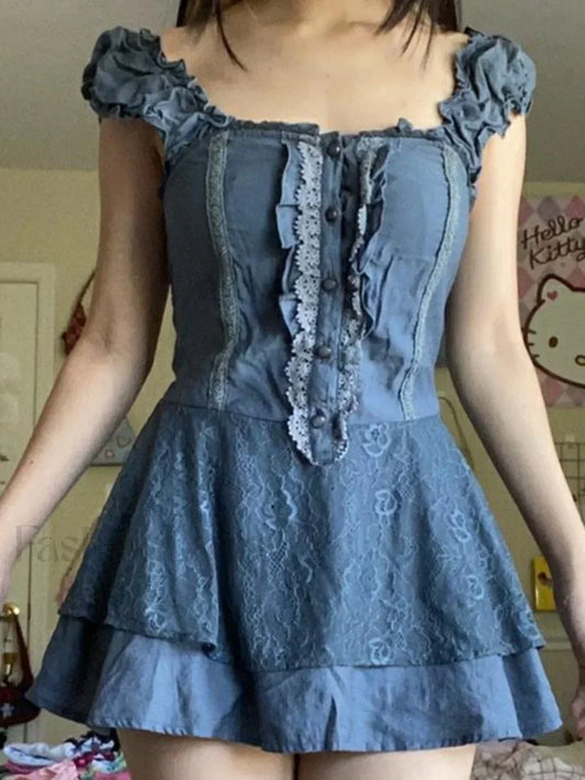 Patchwork Lace Tiered Strap Mini Dress