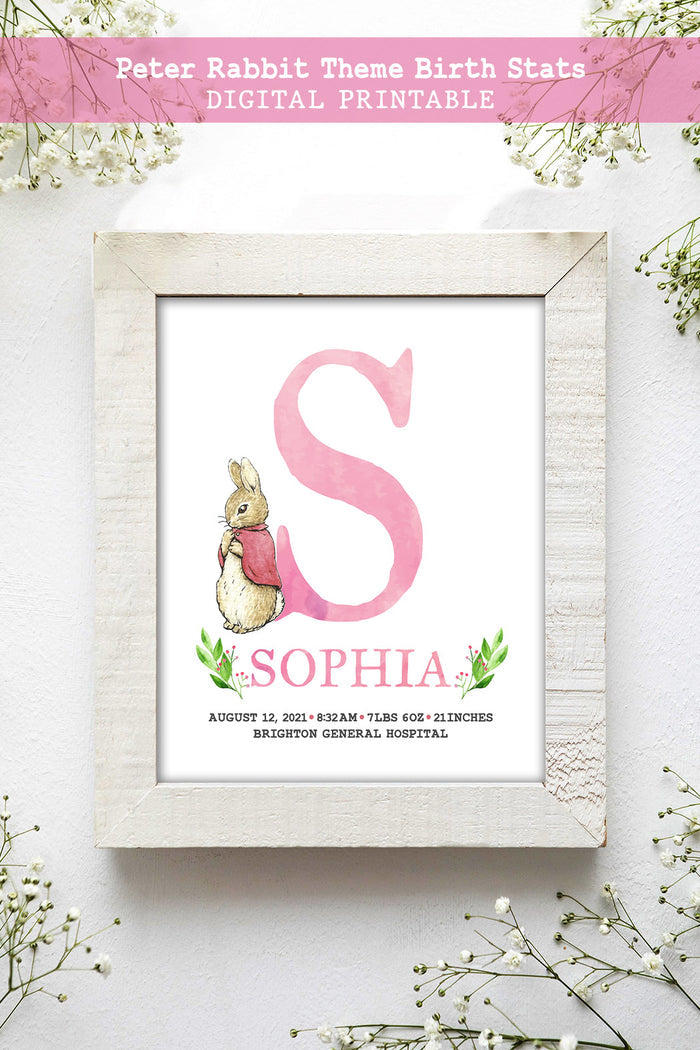 Peter Rabbit - Flopsy Bunny Personalized Initial and Name 8x10 Inches Birth Stats Sign