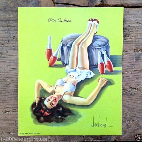 PIN CUSHION Bowling Lithograph Pinup Print 1940s
