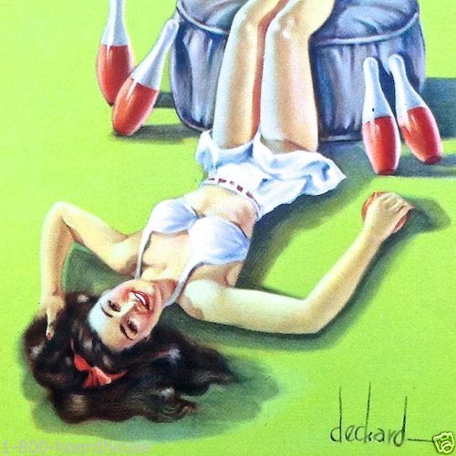 PIN CUSHION Bowling Lithograph Pinup Print 1940s