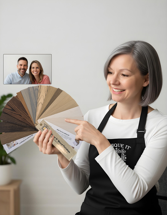 Jessica on a video call demonstrating a Retique It professional finish technique with a fan deck for digital styling guidance.