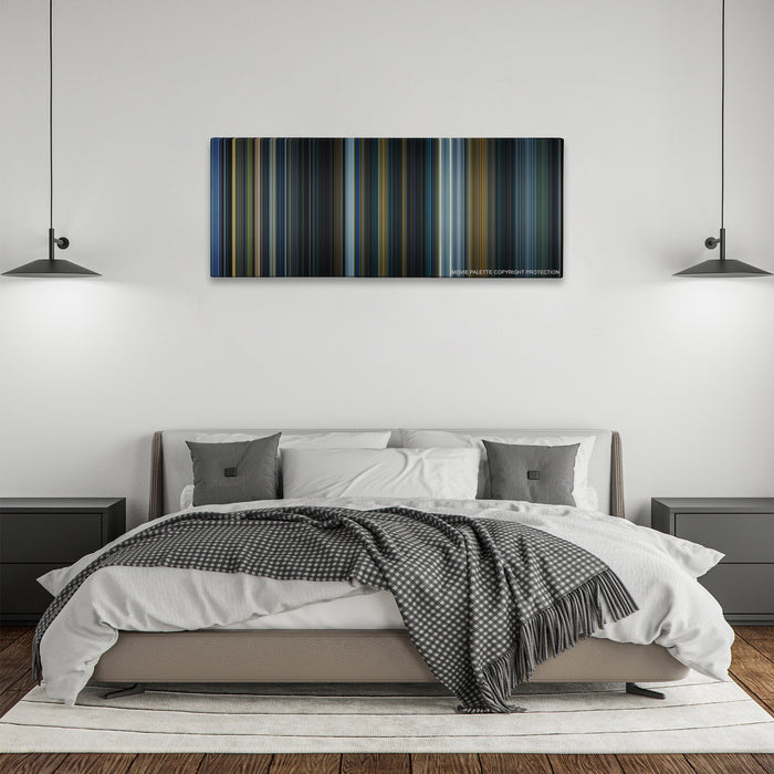 Prometheus color palette canvas above a bed, between two black pendant lamps