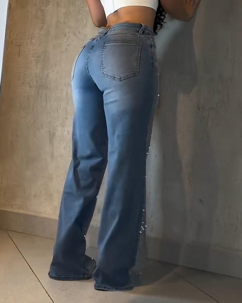 Diamond-Studded Straight-Leg Jeans (Pre-Sale)