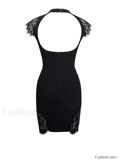 Quinella Black Lace Charming Crepe Backless Mini Dress