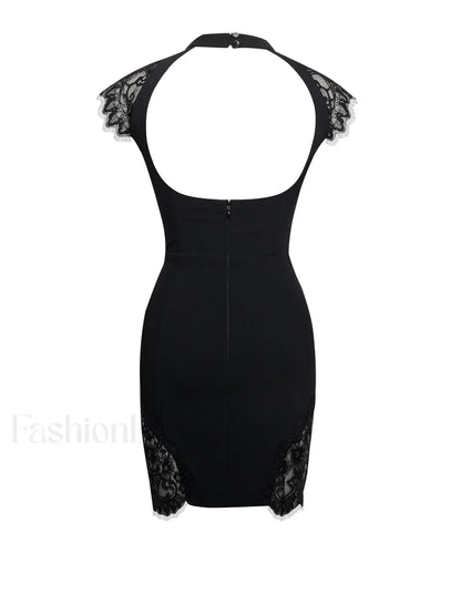 Quinella Black Lace Charming Crepe Backless Mini Dress