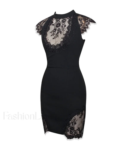 Quinella Black Lace Charming Crepe Backless Mini Dress