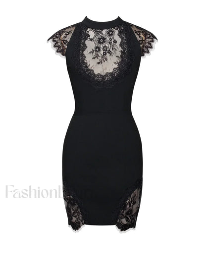 Quinella Black Lace Charming Crepe Backless Mini Dress