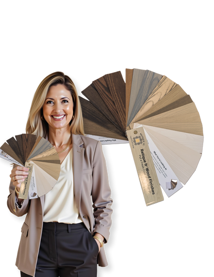 Retique It wood finish kits fan deck brochure showing various wood stain and finish options on transparent pages.