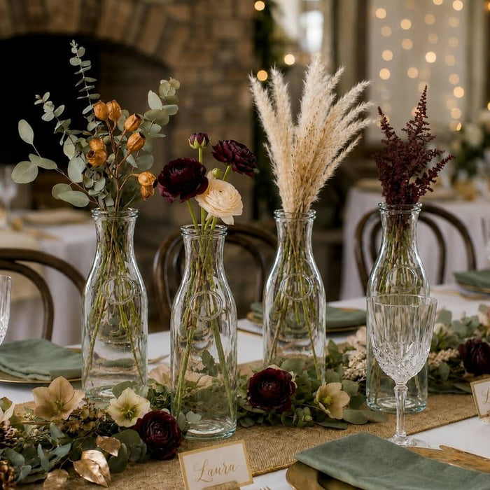8" Milk Bottle Vase set with autumn florals and pampas grass on a rustic table