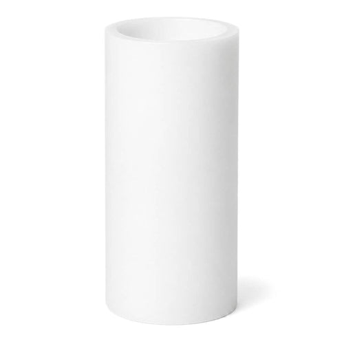 Tall white LED pillar candle without flame on clean backdrop