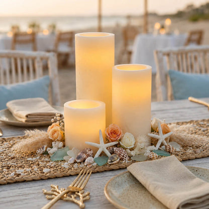 Assorted glowing flameless LED pillar candles on decorated outdoor beach table