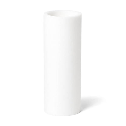 Unlit tall flameless LED pillar candle on a white background