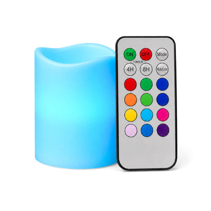 Small blue battery-operated pillar candle with remote control