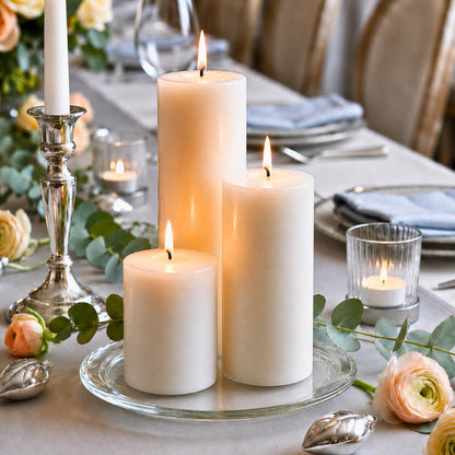 8" Round Glass Pillar Plate with three lit pillar candles on a gray tablescape