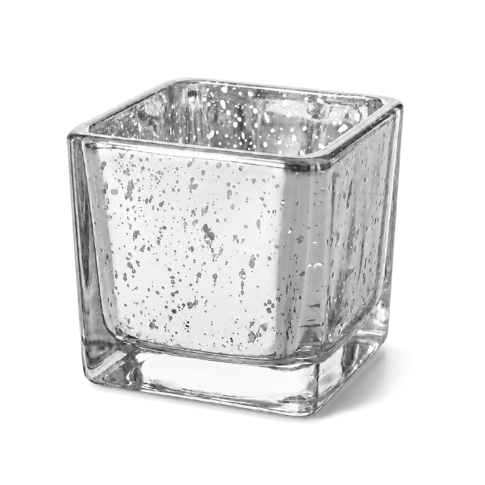 Silver mercury square votive holder on white backdrop