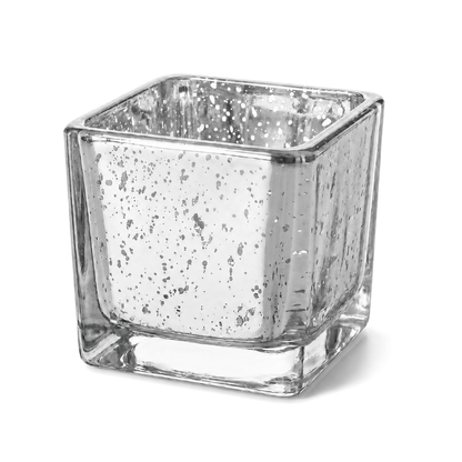 Silver mercury square votive holder on white backdrop
