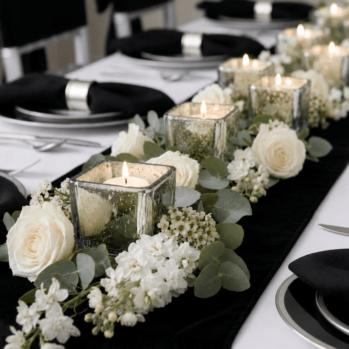 White floral table runner with mercury glass candles and elegant black napkins