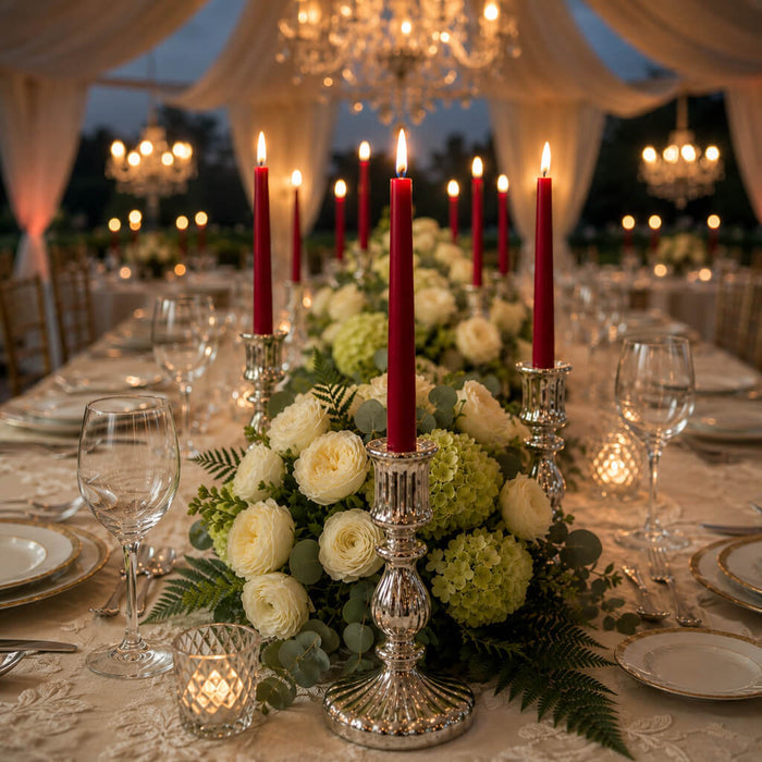 Red taper candles with lush floral decor on formal reception table