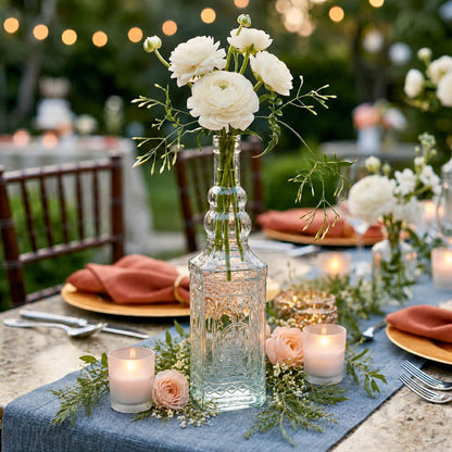 Vintage square glass bottle with white flowers on a tablescape in a garden