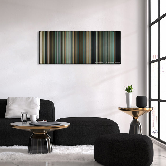 Salt color palette canvas above a black sofa with a gold-topped table
