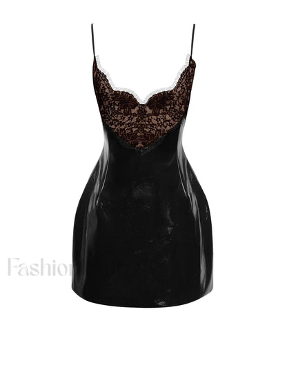 Shelby Black Vegan Leather Graceful with Lace Mini Dress
