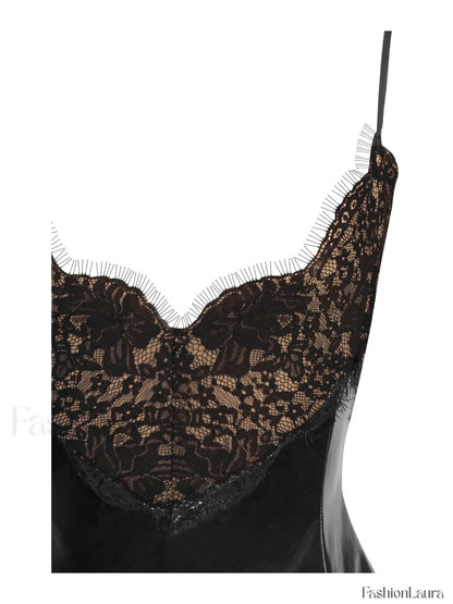 Shelby Black Vegan Leather Graceful with Lace Mini Dress