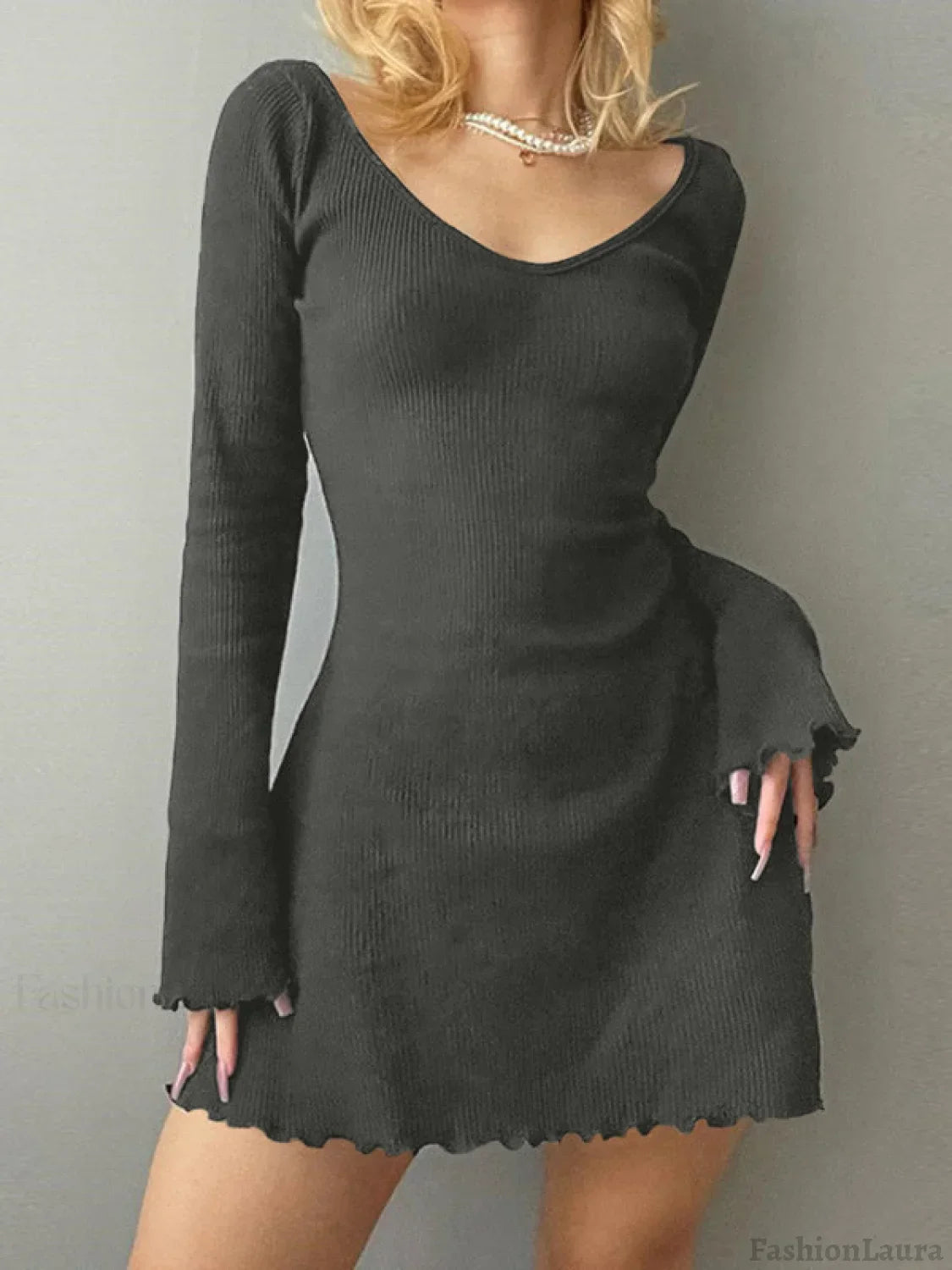 Simple Knitted Long Sleeve Mini Dress