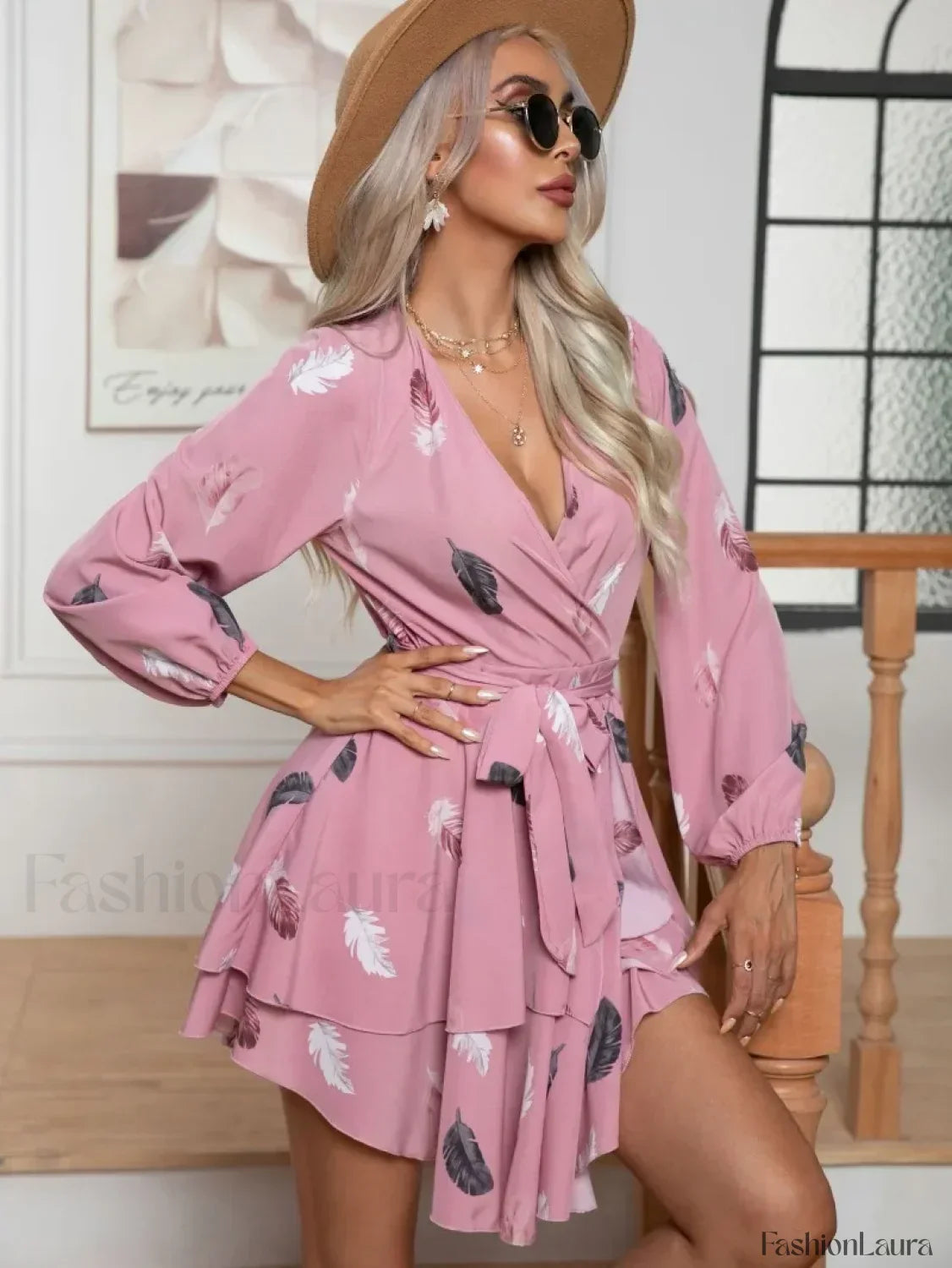 Skinny Feather Printed V-neck for Women New 2024 Mini Dress
