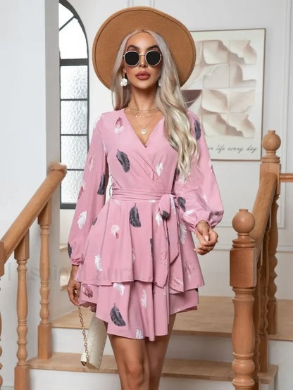 Skinny Feather Printed V-neck for Women New 2024 Mini Dress