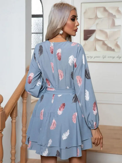 Skinny Feather Printed V-neck for Women New 2024 Mini Dress