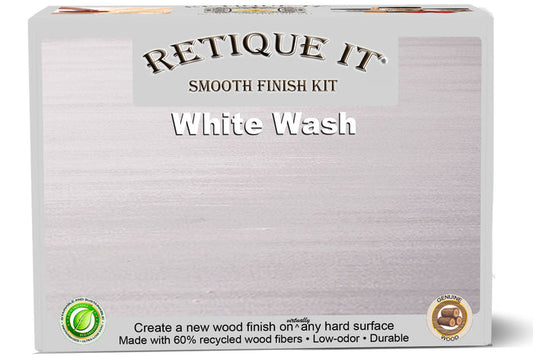 Retique It Smooth Finish Kit in White Wash for wood finishes, showing brushes and wood surface with a smooth, whitewashed look.