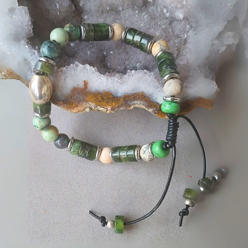 "Stones of Good Fortune" Jade & Opal men Adjustable Cuff - Artisan Made