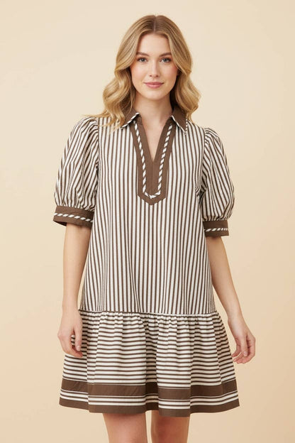 Striped Puff Sleeve Ruffle Dress: MOCHA