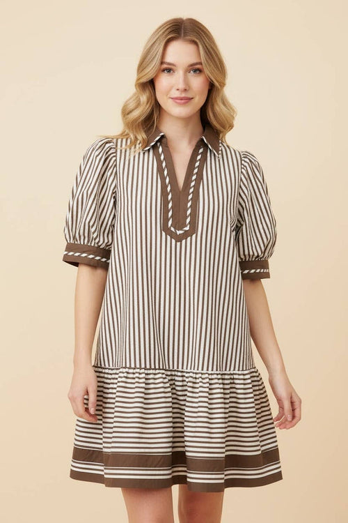 Striped Puff Sleeve Ruffle Dress: MOCHA