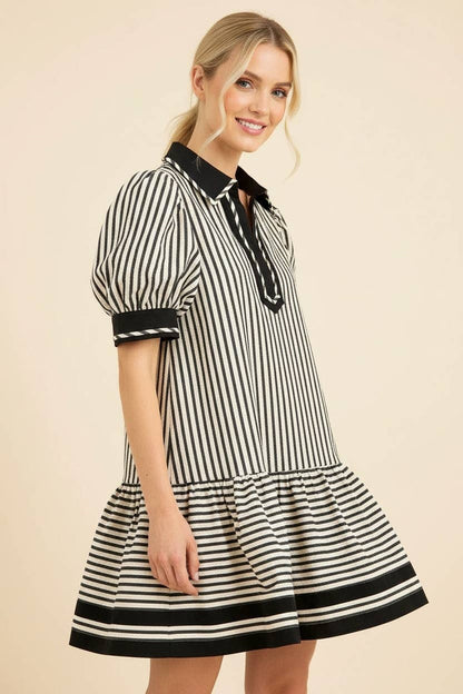 Striped Puff Sleeve Ruffle Dress: MOCHA