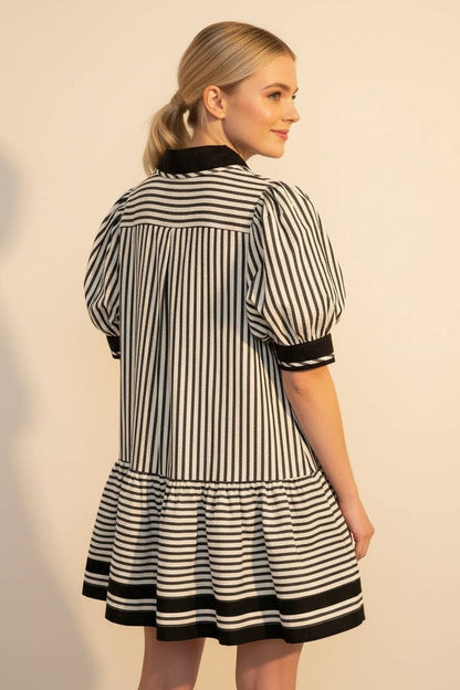 Striped Puff Sleeve Ruffle Dress: MOCHA