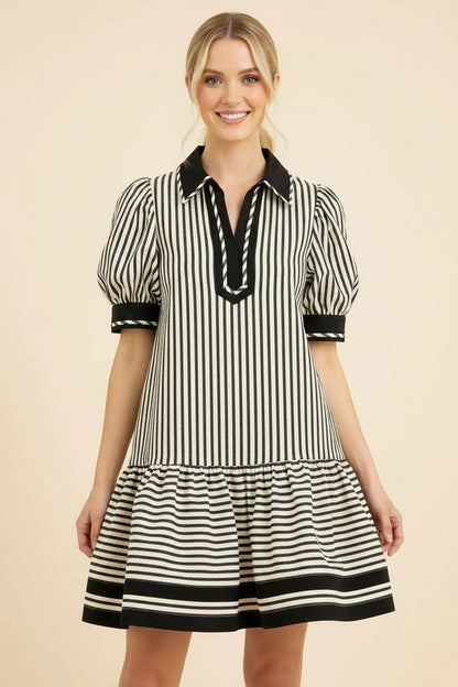 Striped Puff Sleeve Ruffle Dress: MOCHA