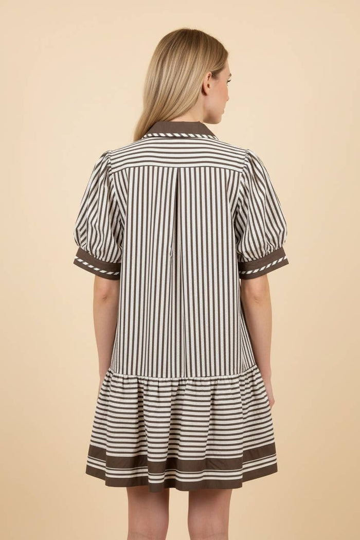 Striped Puff Sleeve Ruffle Dress: MOCHA