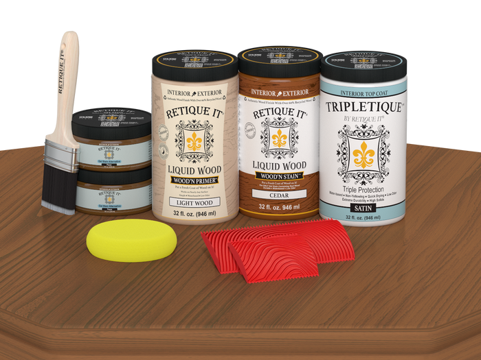 Retique It Wood'n Finish Kit in cedar stain with four large bottles, satin wood stain for tabletops and furniture.