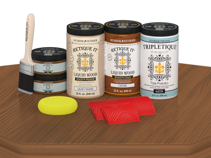 Retique It Wood'n Finish Kit in cedar stain with four large bottles, satin wood stain for tabletops and furniture.