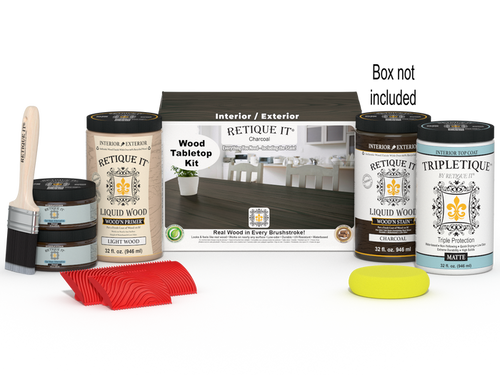 Retique It Wood'n Finish Kit for tabletops, charcoal stain, includes four large containers, shown with applicator and box.