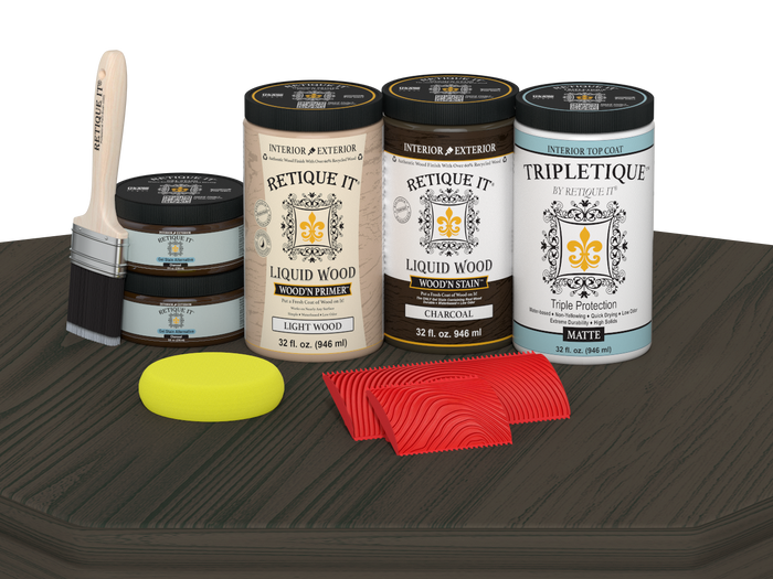 Retique It Wood'n Finish Kit with four large charcoal stain bottles, matte finish, designed for wood tabletop projects.