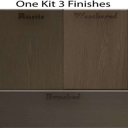 Four charcoal-colored wood stain swatches from the Retique It Wood'n Finish Kit for tabletops, showcasing different finishes.