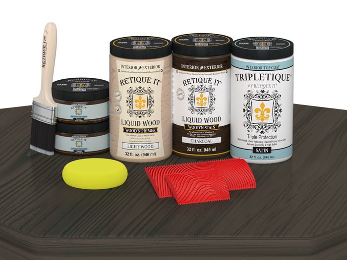 Retique It Wood'n Finish Kit in Charcoal with four large stain bottles, satin finish, for tabletop wood refinishing.