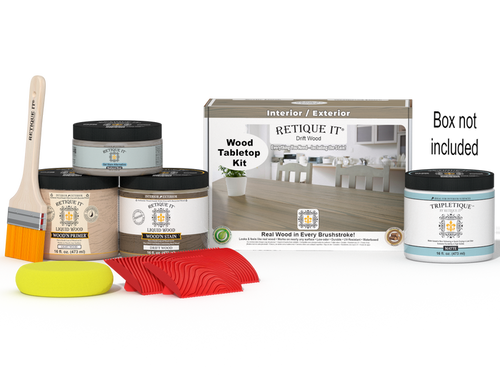 Retique It Wood'n Finish Kit in Drift Wood for tabletops, showing stain bottles and wooden surface for furniture finishing.
