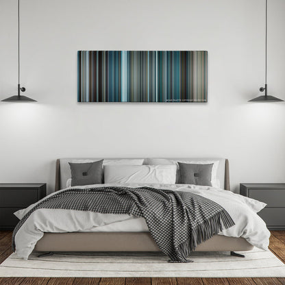 The Bourne Legacy color palette canvas above a bed, between two black pendant lamps