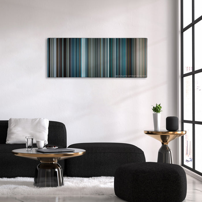 The Bourne Legacy color palette canvas above a black sofa with a gold-topped table