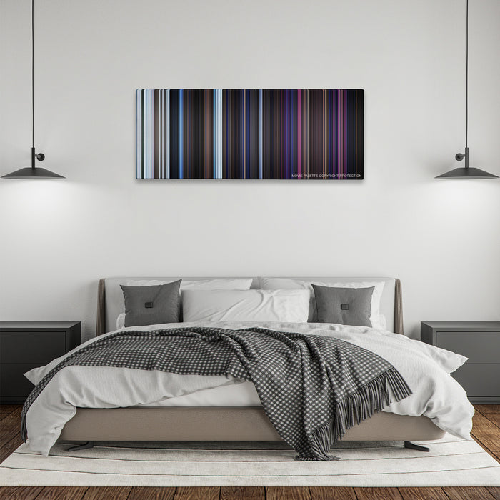 The Thing color palette canvas above a bed, between two black pendant lamps